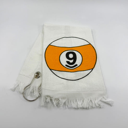Image of one white cotton billiards hand towel with 9 Ball design – keeps hands clean and sweat-free during pool play
