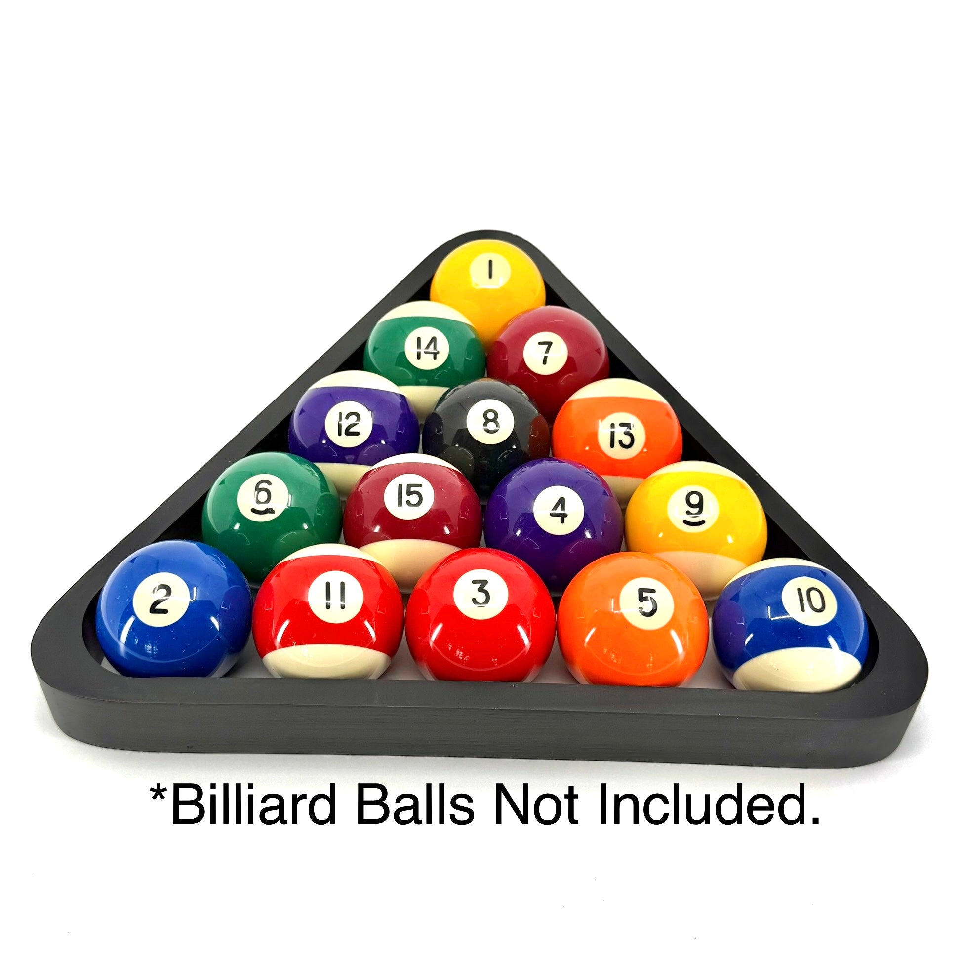 Wooden triangle pool ball rack - black finish. Shown with standard 2-1/4" billiard balls.