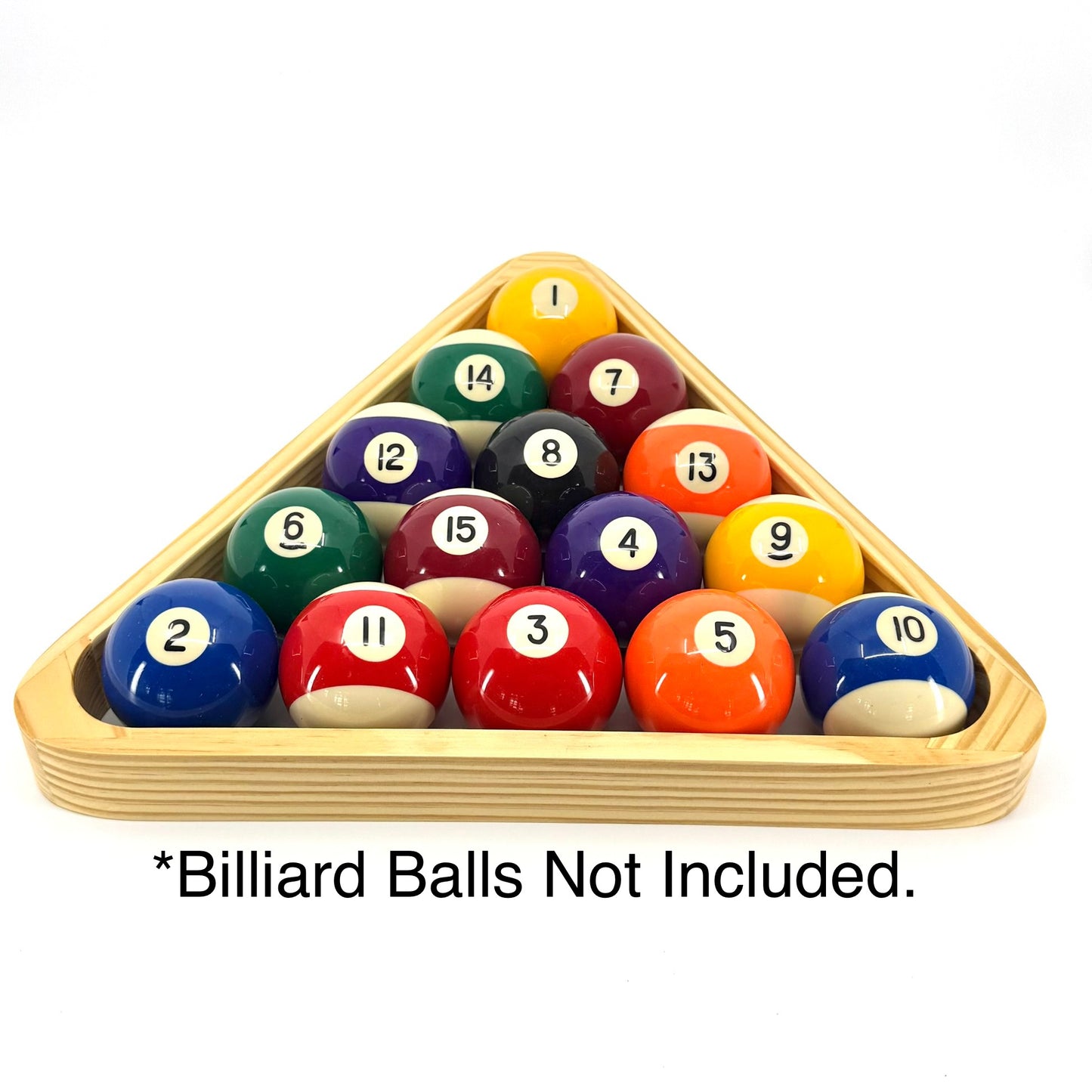 Wooden triangle pool ball rack - natural pine finish. Shown with standard 2-1/4" billiard balls.