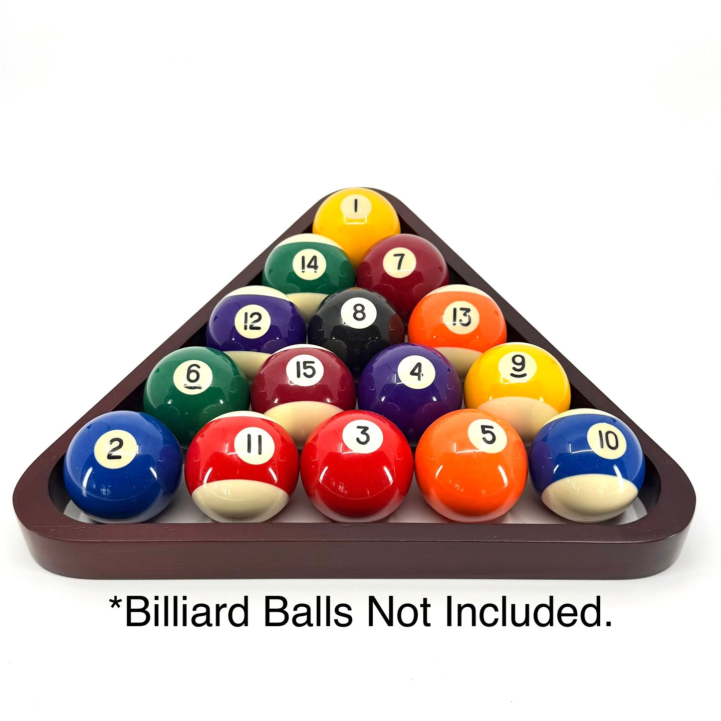 Wooden triangle pool ball rack - mahogany finish. Shown with standard 2-1/4" billiard balls.