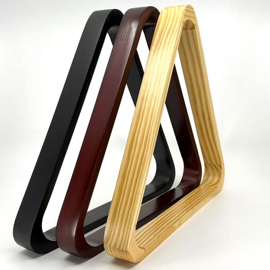 3 wooden triangle pool ball rack – available in black, mahogany, or natural finish. Fits standard 2-1/4" billiard balls.