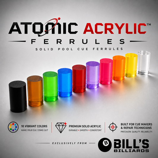 Atomic Acrylic™ Ferrules by Bill's Billiards featuring solid acrylic pool cue ferrules in 10 vibrant colors for cue makers and repair technicians.