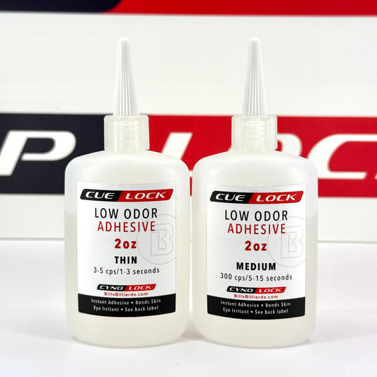 Two Bottles of Cue-Lock Low Odor Thin and Medium Viscosity Cyanoacrylate Adhesive – 2 oz bottle for safe, odorless cue finishing and bonding