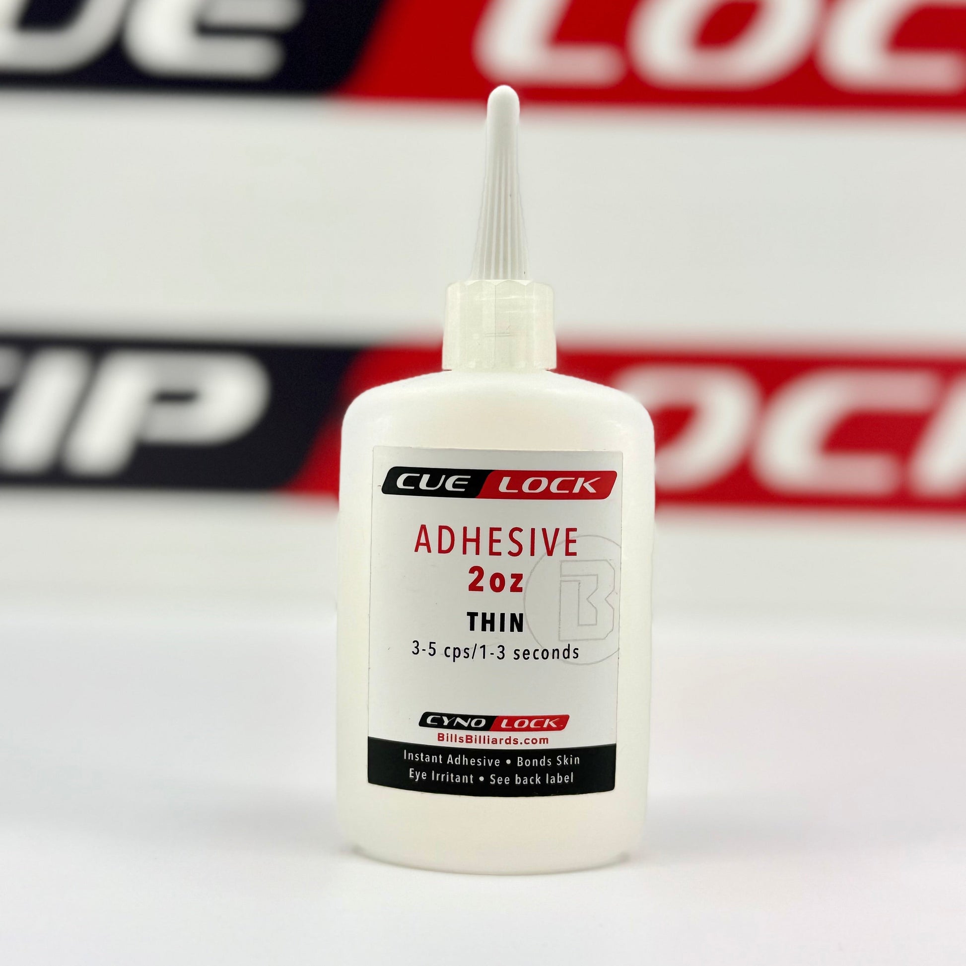Bottle of Cue-Lock Thin Viscosity Cyanoacrylate Adhesive – 2 oz bottle for precision cue building and repair