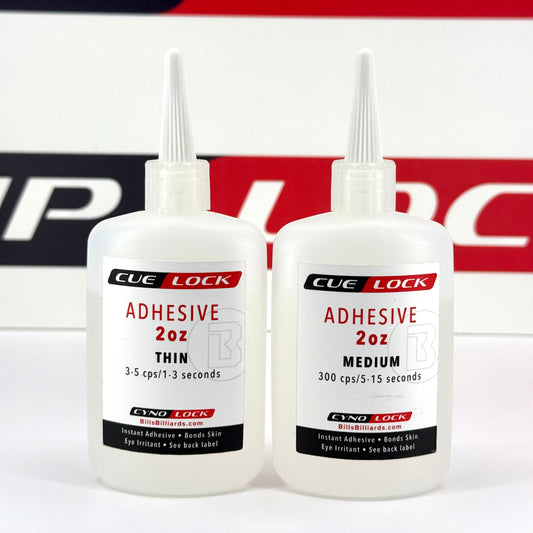 Two Bottles of Cue-Lock Thin and Medium Viscosity Cyanoacrylate Adhesive – 2 oz bottle for precision cue building and repair